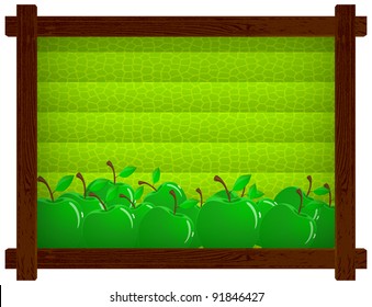 Wooden frame with a dark green background of cellular and bunch of apples
