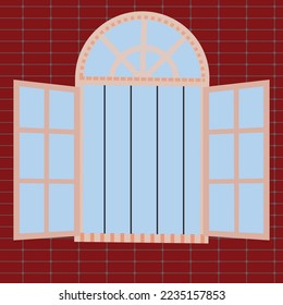 Wooden frame and glass, Open window. Vector illustration. 