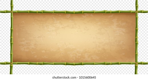 Wooden frame of green bamboo sticks with higly detailed vintage paper blank. Worn papyrus template, old grungy canvas with copy space. Vector illustration, border isolated on transparent background.