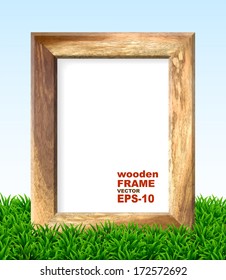 Wooden frame with green grass. Vector illustration.