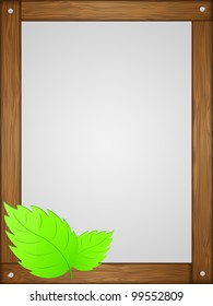 Wooden frame with green leaves. Vector illustration.