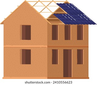 Wooden frame house under construction, incomplete building with exposed beams. Home construction site. Architecture and building concept vector illustration.