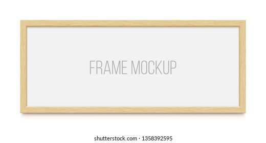 Wooden frame isolated on white background. Mockup for photo, painting, poster or illustration. Horizontal textured frame. Realistic vector illustration.