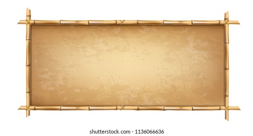 Wooden frame made of brown bamboo stems with higly detailed vintage paper blank or canvas. Worn parchment template, old grungy poster with space for text. Vector clip art isolated on white background.