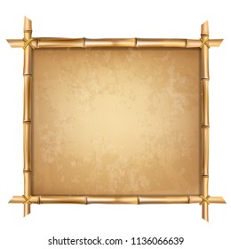 Wooden frame made of brown bamboo sticks with higly detailed vintage paper blank or canvas. Worn papyrus template, old grungy poster with space for text. Vector clip art isolated on white background.