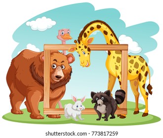 Wooden frame with many animals illustration