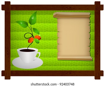 Wooden frame and mosaic background with cup of coffee, germ and scroll