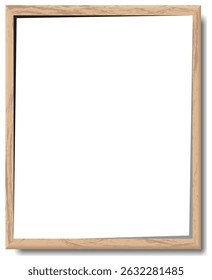 A wooden frame with a natural finish surrounds a blank, white rectangular area. 