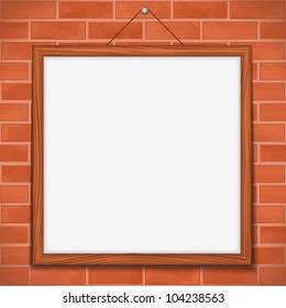 Wooden frame on brick wall, vector eps10 illustration
