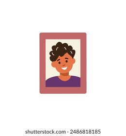 Wooden frame with a photo of a happy little boy. The vector illustration of a curly-haired brunette smiling and full of joy is perfect for a nostalgic gallery.