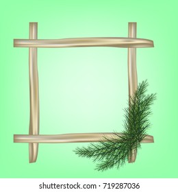 Wooden Frame with Pine tree branches iSolated in the green background. Useful for a xmas greeting card or invitation and other goals.
