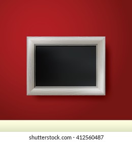 Wooden frame with place for text. Wooden rectangular 3d photo frame with shadow. Vector illustration