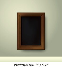 Wooden frame with place for text. Wooden rectangular 3d photo frame with shadow. Vector illustration
