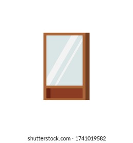 Wooden frame rectangular mirror with shelf and locker for country slyle bathroom isolated on white background. Home interior design element - wall mirror. Flat design catroon style vector illustration