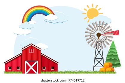 Marco de madera con granero rojo y arco iris