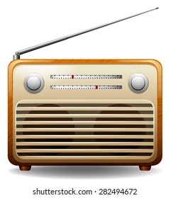 Wooden frame retro radio on white background