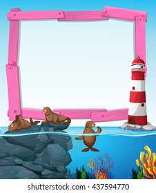 Wooden frame with seals underwater illustration