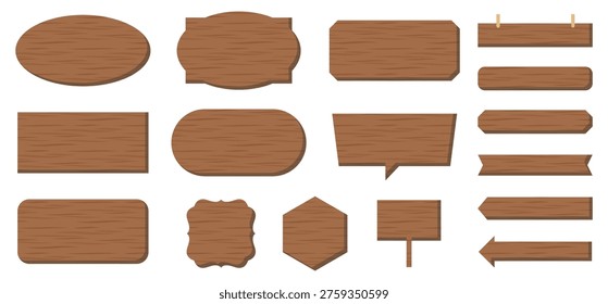 Wooden frame set with hanging board arrow signpost speech bubble and geometric plates in natural brown wood texture and subtle shadow for message display