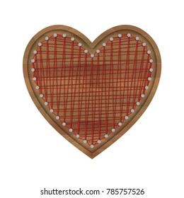Wooden frame in shape of heart with woven thread heart inside. Design element for Valentine, wedding invitations. Isolated on white background. Vector illustration.