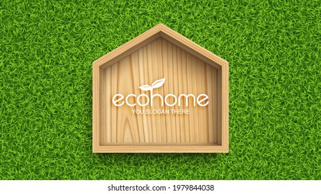 Wooden frame in shape of house on grass background. Eco home concept. Vector illustration