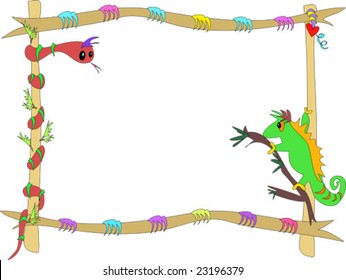 Wooden Frame with Snake and Chameleon Vector