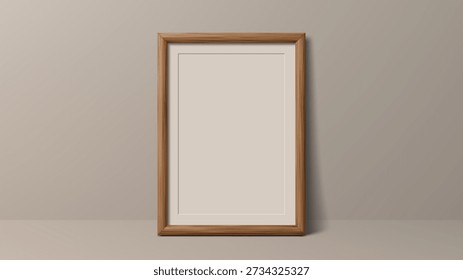 Wooden frame standing on table with blank canvas for graphic message. Minimalistic mockup presentation for picture or art display.