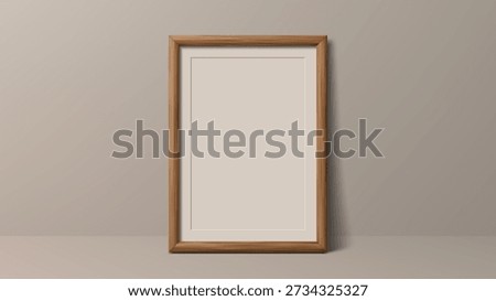 Wooden frame standing on table with blank canvas for graphic message. Minimalistic mockup presentation for picture or art display.