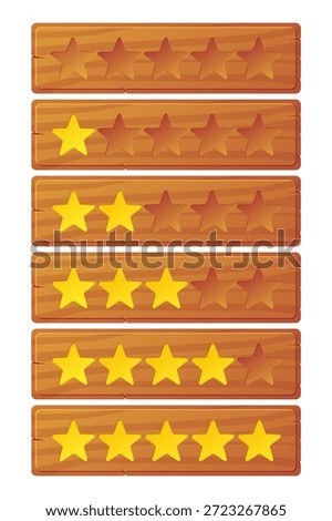 Wooden frame. Stars representing level completion rating in computer game. Ranking wood bar. Satisfaction vote. User review. Gamer opinion. Plank border. Interface timber design. Vector GUI element