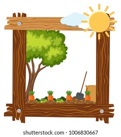 Wooden frame template with carrot garden illustration