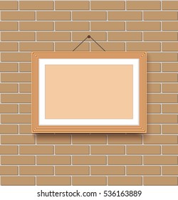 Wooden frame  template with passepartout, strings, nail, shadow and empty place for picture of black bricks wall,  vector mockup