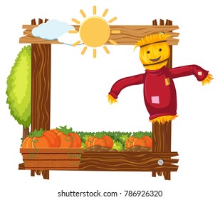 Wooden frame template with scarecrow and pumpkins illustration