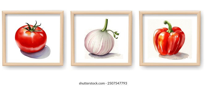 Wooden Frame And And Watercolor Vegetables  Isolated White Background With Gradient Mesh, Vector Illustration