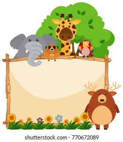 Wooden frame with wild animals in garden illustration
