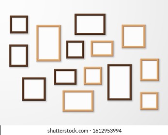 Wooden frame. Wood blank picture frames in different sizes on wall. Museum gallery mockup design, advertising painting image templates collage vector set - Shutterstock ID 1612953994
