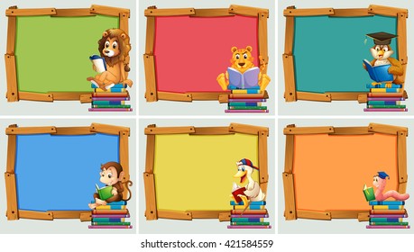 Wooden frames with animals reading books illustration