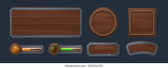 Marcas y tablas de madera con espacio de copia, barras de puntuación para el diseño de la interfaz de usuario de juegos. Juego de dibujos animados de menús redondos y rectangulares y paneles de texto y pancartas con textura de madera y borde de metal o cuerda