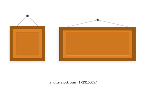 Wooden frames hanging on a wall. Two simple brown frames. Place for a picture. Vector illustration.