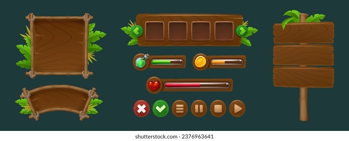 Wooden frames and score bars, boards and buttons with jungle leaves and copy space for game user interface design. Cartoon set of menu and text panels and banners with texture of wood and forest plant