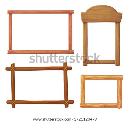 Wooden frames set vector illustration. Empty vintage cartoon frames isolated on white background