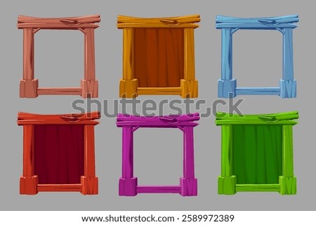 Wooden frames. Vector wood board, brown plank and old rustic tree panel frames fastened with timber nails and natural ropes, isolated vintage frame borders