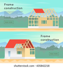 Wooden Framework Construction. House In Building Process. Structure. Banners. Flat Design Vector Illustration.