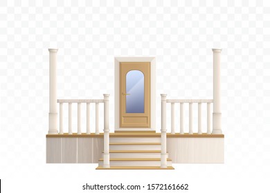 Wooden front door with glass window and porch staircase with decorative balustrade and pillars. Vector realistic 3d exterior of house entrance isolated on transparent background