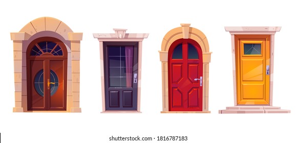 Wooden front doors with stone frame isolated on white background. Vector cartoon set of house entrance, red, brown and yellow closed doors with knobs and windows for building facade