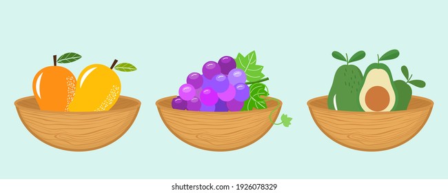 Wooden fruit bowl set with mangoes, grape and avocados icon on green background vector illustration. Cute cartoon fruit elements.