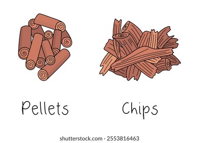 Wooden fuel pellets and chips. Natural eco-friendly renewable organic biofuel, care for environment. Mulch in the garden. Alternative energy from wooden biomass. Hand drawn vector illustration.