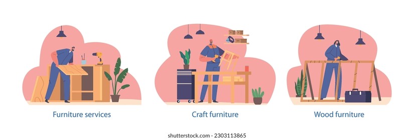 Conjunto De Muebles De Madera Elementos Aislados. Caracteres De Trabajo Organizando Y Asociando Ilustración De Vectores De Piezas De Madera