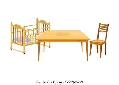 Wooden Furniture with Baby Bed and Table Vector Illustration