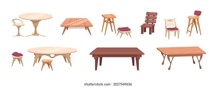 Wooden furniture. Cartoon tables and chairs for dining room and outdoor patio. Antique and modern tables from wood. Bar stools. Interior elements on white. Vector home woodwork set