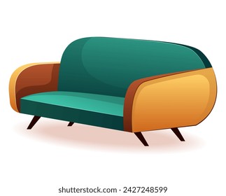 Wooden furniture of colorful set. This illustration transforms a sofa into a lively character, adding a touch of fun and flair to interior spaces against a white backdrop. Vector illustration.
