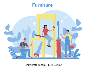 Wooden furniture concept. Furniture store word concept banner. Interior design. Home furniture construction. Isolated flat illustration